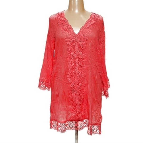 XXL ISAAC MIZRAHI V-Neck Embroidered Crochet Trim Side Slits Bell Sleeve Coverup - Picture 1 of 2